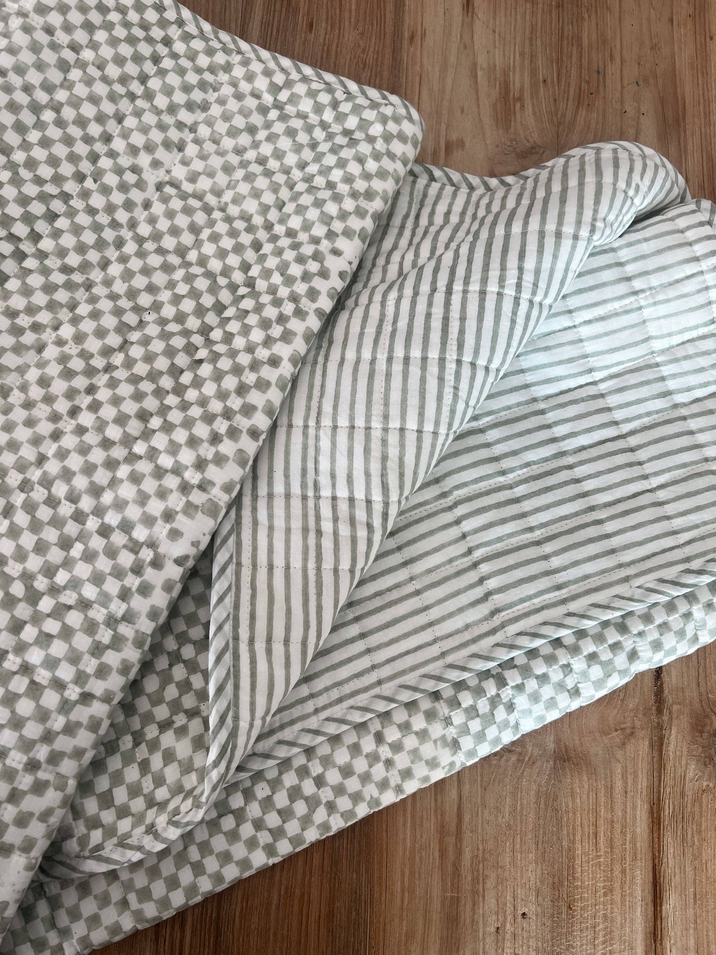 Baby Quilt | Play Mat: Light Kantha Style - Green Tillie Check
